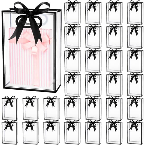 Suwimut 30 Pack Clear Plastic Gift Bags with Handles, 7x10x3.15 Inch Reusable PVC Party Favor Bag with Ribbon, Transparent Gift Wrap Bags Bulk Tote Goodie Bag for Wedding Bridal Birthday Party Small