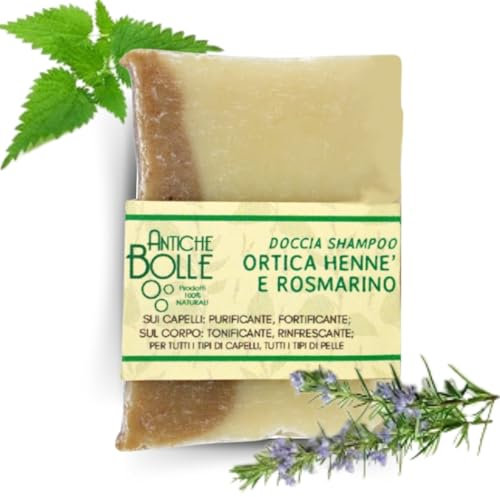 Antiche Bolle - Doccia Shampoo Solido 100% Naturale all’Ortica, Henné e Rosmarino - Per Tutti i Tipi di Pelle e Capelli - Idratante, Tonificante e Fortificante - 100g