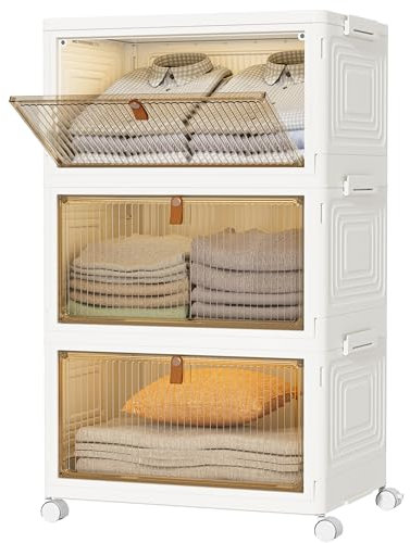 HOMIDEC Wardrobe Storage Organiser,3 Tier Stackable Clothes Storage Boxes with Wheels,Folding Drawers for Clothes,Cupboard Organiser for Bedroom Wardrobe Bathroom Kitchen, White 22L*3 Pack