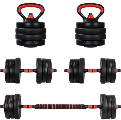 MOVIT Hanteln Set - 6in1, 30kg, XXL, Verstellbar, Kunststoff, Push Up Griffe, Schwarz und Rot - Dumbbell Set, Hantel Gewichte, Verstellbare Kurzhanteln, Kettlebell, Hantelset für Zuhause