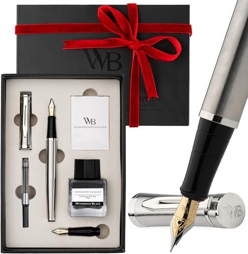 Wordsworth & Black Fountain Pen Set,18K Gilded Medium and Extra Fine Nib,25ML Black Ink Bottle,6 Ink Cartridges,Refill Converter,Gift Box,Smooth Writing Pen [Silver Chrome],Gift Set for Men and Women