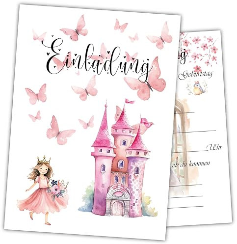 Generisch Damalia | 12 Prinzessinnen Einladungskarten für Kindergeburtstag | Mädchen-Party | DIN A6 | Schloss-Motiv | Einladungskarten Kinder | Rosa | Kinderparty | Prinzessin001