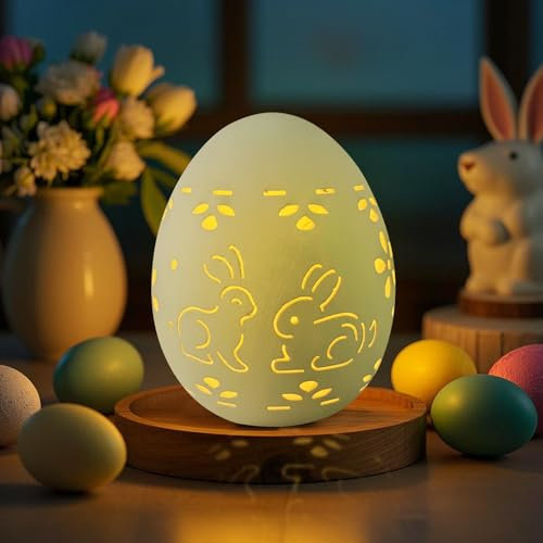 Kaezuy LED Ostereier mit Licht, Keramik Osterdeko Osterei mit Beleuchtung, Porzellan Ostern Tischdeko Ostereier mit Blumenhohlmuster, Batteriebetrieben Ostereier für Innen Draußen Osterdeko (B)