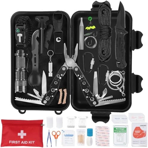HIMOMO 80 in 1 Außen Notfall Survival Kit, Mehrzweck Survival ausrüstung mit Erste Hilfe Set, Faltbares Multifunktion Zange Werkzeug,Taktische Taschenlampe, für Männer Camping Abenteuer Bergsteigen