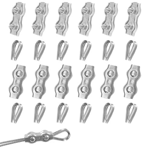 pangdapengpeng 24 Pièces Serre Cable Inox, 12 Pinces de Câble Duplex Clips M4 & Cosse Coeur M4 pour Cable Acier, Cordes à Linge, Accessoires de Store (M4)