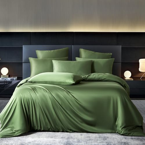 YASMENG Bambus Bettwäsche 155x220 Olivgrün Uni Einfarbig 50% Bambus Lyocell Bettwäsche Kühlend Weich Atmungsaktiv Seidig Seide Bettbezug Set 3 Teilig mit Reißverschluss und 2 Kissenbezüge 80x80 cm