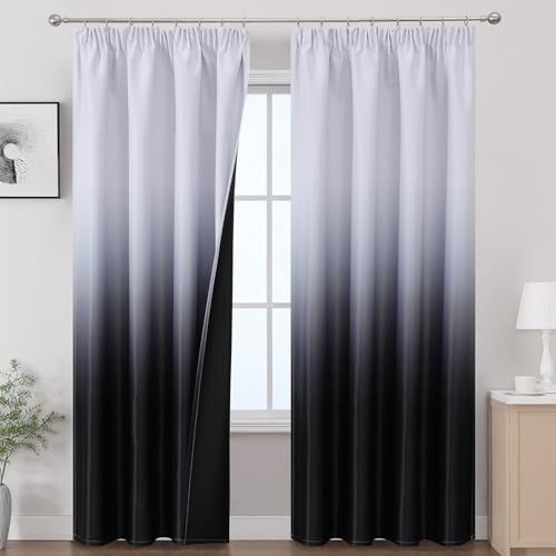 VEHEDE 229cm Lange Ombre Blackout Vorhang, Licht Blocking Thermo Vorhänge mit Kräuselband, Schwarz und Weiß Gradient Gardinen für Zimmer Fenster Dekor, 2er Set, H229 x B132 cm
