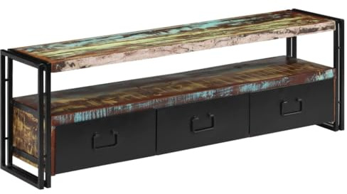 HOMEELIKE Massivholz TV-Schrank im Antik-Stil mit individueller Maserung, 120 cm breit, inklusive Ablage & robusten Metallbeinen