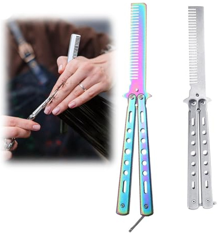 Pack of 2 Butterfly Combs, Rainbow Butterfly Knife, Butterfly Butterfly Comb, Stainless Steel Foldable Pocket Comb for Hair, Barber Comb, Hair Styling Accessories (Silver/Rainbow Colours)