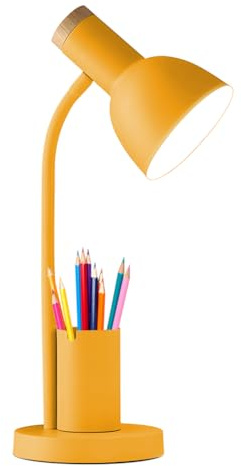 LED Schreibtischlampe mit Stifthalter, Metall-Studienlampe, 3 Farbmodi Kinder Schreibtischlampe, LED Leselampe für Schlafzimmer, Arbeitszimmer, Kinderzimmer, E27 Sockel Lesen neben Lampe (Gelb)
