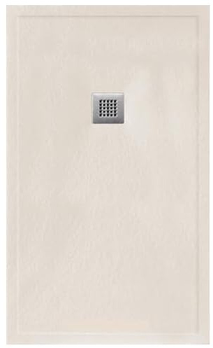 Receveur de Douche en Résine avec Bord Extra Plat Antidérapant, Valve et Grille | Texture Pierre | Beige | 80 X 120 cm