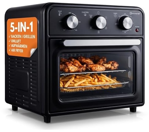 Sommertal Minibackofen 20L | 1800W, Umluft, Airfryer, 100-230°C, 60min | Heißluftfritteuse, Backen, Grillen & Pizza, 60 Min Timer, Tischbackofen, Campingbackofen, Pizzaofen & Toasterofen, Zubehör
