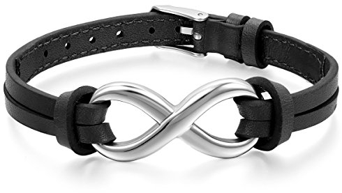 JewelryWe Lederarmband Unendlichkeitszeichen Armband Unisex: Herren Damen Edelstahl Infinity Unendlichkeit Zeichen Doppel Kordelkette Leder Echtleder Verstellbar Armreif mit Schnalle Schwarz Silber
