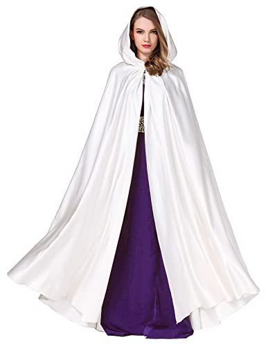 BEAUTELICATE Umhang Damen mit Kapuze Satin Cape Mantel Lang für Hochzeit Brautkleid Fasching Halloween Kostüm Mittelalter Robe Vampir Hexen (Weiß, Einheitsgröße)
