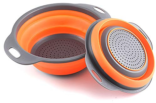 Lot de 2 passoires de cuisine pliables et non toxiques, faciles à nettoyer, 2 tailles avec Orange