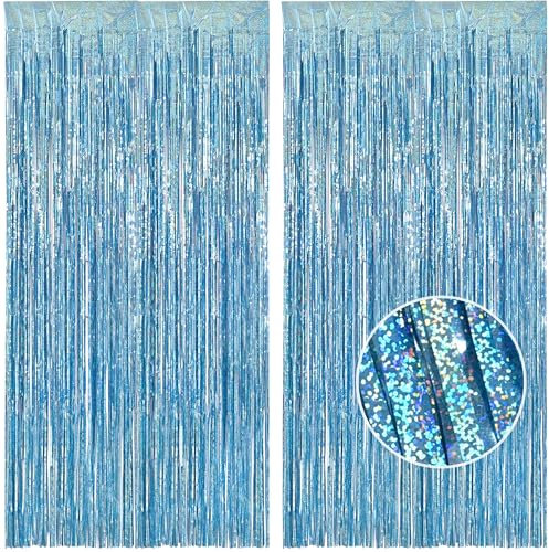 BRAVESHINE Blue Foil Fringe Curtain Party Backdrop, Metallic Tinsel Curtains Streamers Party Decor for Kids Christmas Frozen Unicorn Mermaid Ocean Sea Animal Theme Birthday Decorations (2Pack, 1x2.5m)