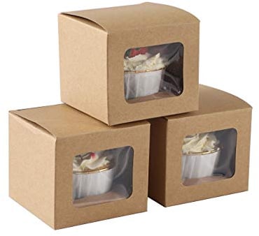 Komonee 100 x Cupcake Boxes Individual Kraft Brown Single Fairy Cup Cake With Clear Window Cardboard Packaging Box Baking Kids Muffins Cookies Brownies Christmas Bake Weddings