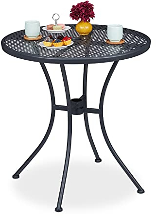 Relaxdays Gartentisch, mit Schirmloch, Gitter-Optik, wetterfest, Stahl, HxD: 72 x 70 cm, runder Balkontisch, anthrazit