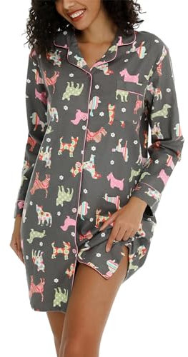 ENJOYNIGHT Damen Flanell Nachthemd Langarm Schlafshirt Knopfleiste Nachtwäsche Kurz S-XXL(X-Large,Hund)