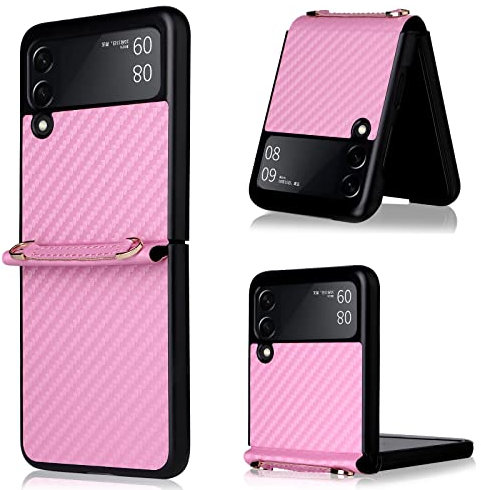 WEIOU Trama in Fibra di Carbonio Cover per Samsung Galaxy Z Flip3 (Z Flip 3) 5G, Custodia in PC Rigido e Pelle PU Anti-Graffio Antiurto Protettiva Case + Cordino. Rosa