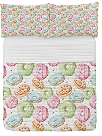ABAKUHAUS Bunt Mikrofaser Tagesdecken Set, Donut Thema Hand gezeichnet, weiches Bettwäscheset mit Kissenbezügen und Steppdecke, 220 cm x 220 cm, Hellrosa Grün