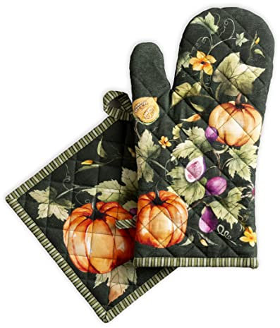 Maison d' Hermine Ofenhandschuh + Topflappen, 100 % Baumwolle, Küchen-Ofenhandschuhe (19.1x33 cm) & Hot Pads (20.3x20.3 cm), Chef, Damen & Herren, Kürbisgarten – Dunkelgrün – Thanksgiving/Weihnachten