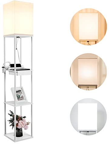 BBHome Modern Stehlampe mit regal aus Holz und Metall, 3 Farbtemperaturen, 2 USB-Ladeanschlüsse, und 1 Schublade, Dimmbar LED Stehleuchte für Wohnzimmer, Schlafzimmer, Weiß (Mit Glühbirne)