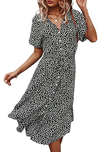 Women Summer Floral Button Up Loose Dress Lapel Short Sleeve Casual Front Tie Bohemian Beach Party Midi Dress (A-Black, L)
