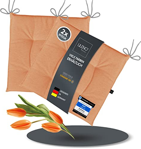 LILENO HOME 2er Set Stuhlkissen Lachs (40x40x4,5 cm) - Sitzkissen für Gartenstuhl, Küche oder Esszimmerstuhl - UV-beständige Indoor u. Outdoor Stuhlauflage als Stuhl Kissen (Laura FUM)