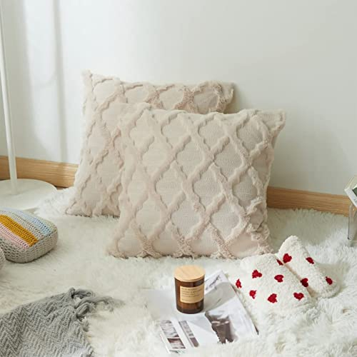 Kissenbezug 40x40, Kissenbezug Beige 2er Set Plüsch Geometrischem Rautenmuster Vintage Landhaus Boho Winter Herbstdeko