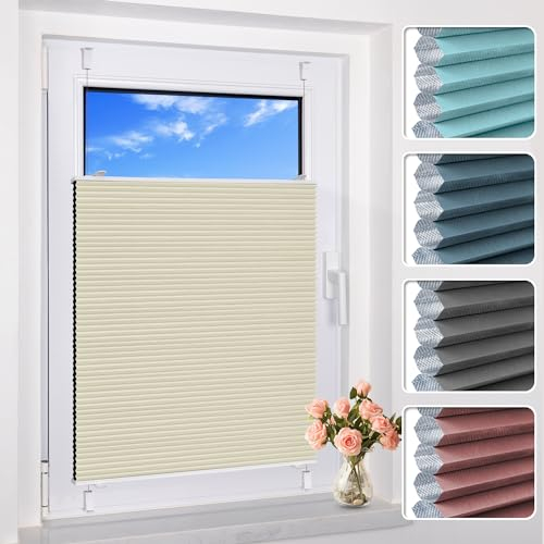 BelleMax Wabenplissee ohne Bohren Verdunkelung Thermo Plissee Klemmfix, Beige-weiß 80x110 cm (BxH), 100% Blickdicht Verdunklungsplissee, Schallschutz Sonnenschutz Doppelplissee für Fenster