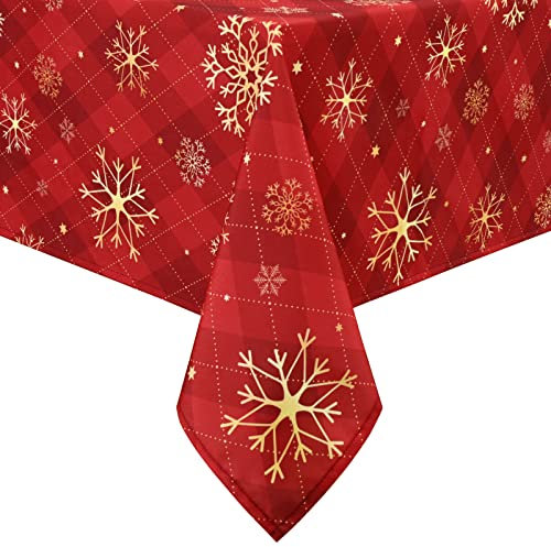 Yrendenge Rote Weihnachten Tischdecke - Gelb Schneeflocken Plaid Rechteckig, Wasserdicht Lotuseffekt Tischtuch, Abwaschbar für Urlaub Esstisch Winter Party 130x220cm