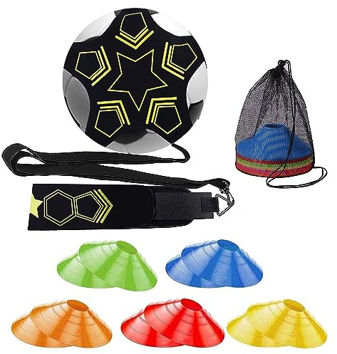wadafen Fußball Trainingsset - Fußball Kick Trainer 20 Fussball Training Hütchen Sport Set,Fussball Schnur Kick Trainer Verstellbar,Bunt Plastik Slalom Hütchen für Erwachsene Kinder Geschenke