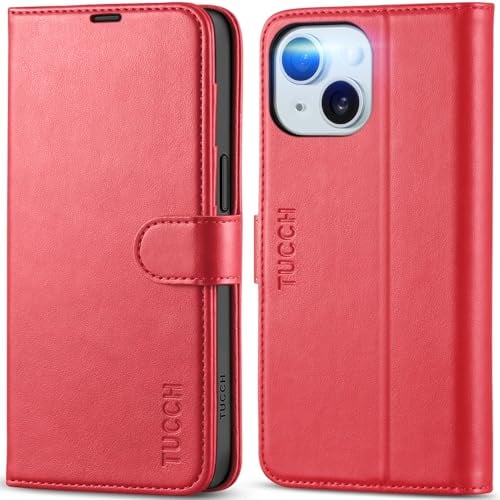 TUCCH Wallet Case for iPhone 15 (6.1) 2023, Protective Magnetic PU Leather Stand Folding Case with [RFID Blocking]Credit Card Slots, Shockproof TPU, Kickstand Flip Cover Compatible with iPhone15, Red