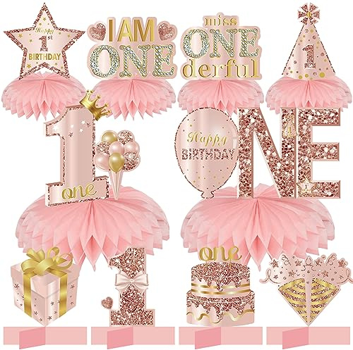 Turypaty Happy 1st Birthday Honeycomb Table Centerpieces Decorations Girls | Tischaufsätze für den 1. Geburtstag, 10 Stück, Rosa, Roségold, Tischdekoration, Partyzubehör