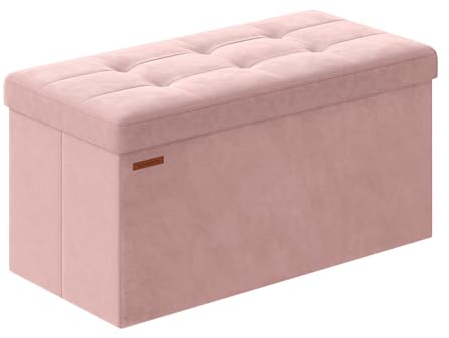 SONGMICS Cassapanca, Pouf Contenitore, Poggiapiedi Pieghevole da 38 x 76 x 38 cm, Ottomano, Regge fino a 300 kg, per Soggiorno, Camera da Letto, Entrata, Rosa Pastello LSF247R01