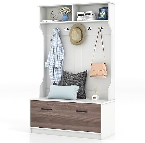 HOMASIS 4 en 1 Porte-Manteau Vestiaire à Chaussures, Meuble d'Entrée Couloir avec Compartiments Ouverts, Banc et 5 Crochets Doubles, Porte-Manteau sur Pied pour Entrée, Salon, 100 x 40 x 160 cm
