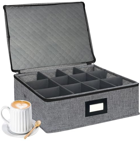 VERONLY Cup and Mug Storage Box with Dividers, China Storage Containers Holds 12 Coffee Mugs and Tea Cups with Lid and Handles, Hard Top, Sides and Stackable for Moving & Packing (Dark Grey)
