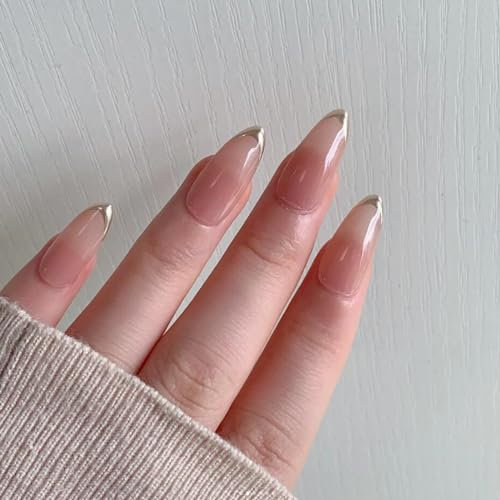 24Pcs Medium Length Almond Press on Nails French Tip False Nails with Chrome Designs Glossy Nude Gold False Nails Mirror Glue on Acrylic Fake Nails for Women Girls Nail Salon