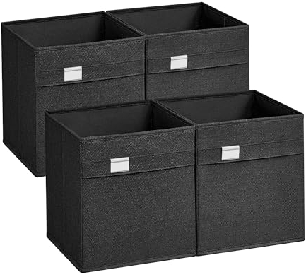 SONGMICS Aufbewahrungsbox, 4er Set, Ordnungsboxen, 26 x 26 x 28 cm, 2 Griffe, faltbar, Oxford-Gewebe, Leinenimitat, pflegeleicht, Metall-Etikettenhalter, für Würfelregal, tintenschwarz ROB226B04