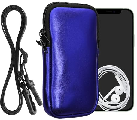 kwmobile Handytasche für Smartphones XL - 6,7/6,8 - Neopren Handy Hülle Metallic Dunkelblau mit Kordel - Handy Tasche mit Handykette 17,2 x 8,4 cm Innenmaße