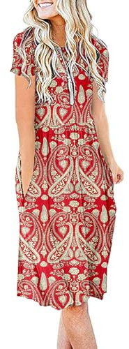 AUSELILY Damen Kleider Sommer Sommerkleider Knielang Kurzarm Empire Freizeitkleid Schicke Shirtkleider mit Taschen