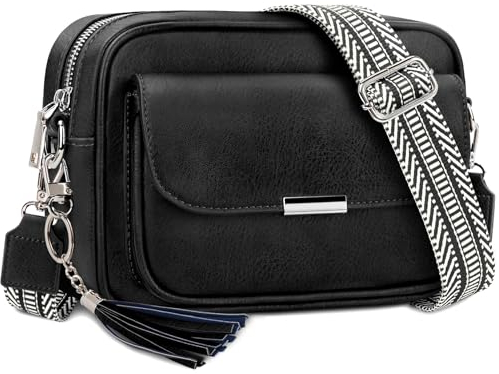 NEWIROVE Crossbody Bag Damen Leder Umhängetasche Damen Mittelgroß Handtasche Schwarz mit Breitem Gurt Verstelbaar Schultertasche Damen Mit Fransen Für den Einkauf Auf Reisen Casual, Schwarz