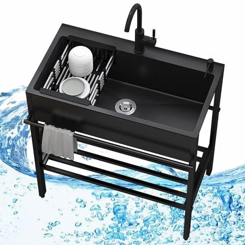 Freistehendes Edelstahl Schwarz Waschbecken, Utility Küchenspülen, Multifunktions Waschtisch Mit Wasserhahn, Outdoor Waschtrog Spüle Mit Armaturen, Für Bar, Hauswirtschaftsraum Und Garage (Size : 100