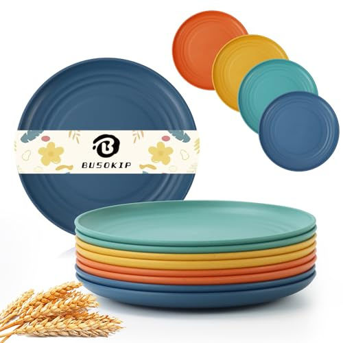 BUSOKIP Appetizer Plates 5.7 Inch, Unbreakble Wheat Straw Plate Sets of 8, Plastic Plates Reusable, Microwave & Dishwasher Safe Small Plate for Dessert, Kitchen, Saucers, Party (Multicolor)
