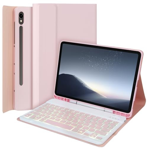 EHLCYS Custodia con Tastiera per Samsung Galaxy Tab A7 10,4 Pollici 2020 (SM-T500/T505/T507), Tastiera Rimovibile Retroilluminata A 7 Colori, Custodia Ultrasottile con Supporto per Penna S,Rosa