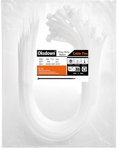 Oksdown 500mm × 7,6mm Breit 100 Stück Stark Kabelbinder mit 55 kg Zugfestigkeit weiß UV-Beständig Groß Lang Nylon Kunststoff Selbstsichernder Multifunktionaler Cable Zip Ties