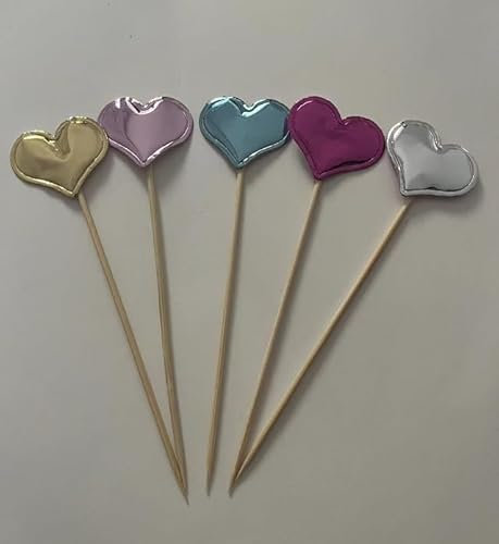 QBFWETY Multicolor Love Card Cupcake Decorating Topper Cake Stocking Wedding Anniversary Party for Cakes Heart Shape Cake Topper Heart Cake Topper Top Hat Props Plug-in Bamboo Stick, Gold