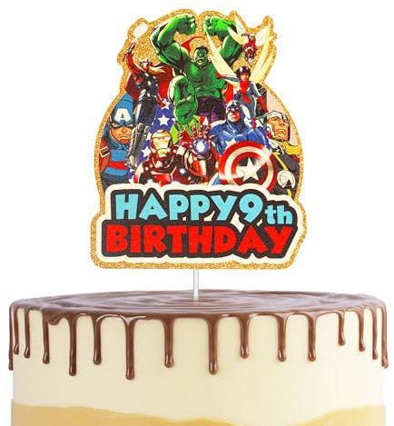 Aven-ger Hero Cake Topper 9th for Boys,Kids Birthday Cake Decorations,Marvel Cartoon Theme Cake Cupcake Topper Spider Hero Happy 9th Birthday Cake Toppers for Kids,Boy,Avenger 9th Party Cake Decor