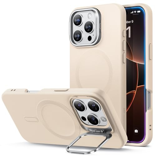 ESR for iPhone 16 Pro Case, Silicone Case with Stand, Compatible with MagSafe, Military-Grade Protection, Built-In Camera Stash Stand, Magnetic Phone Case for iPhone 16 Pro, Cloud Series, Light Tan